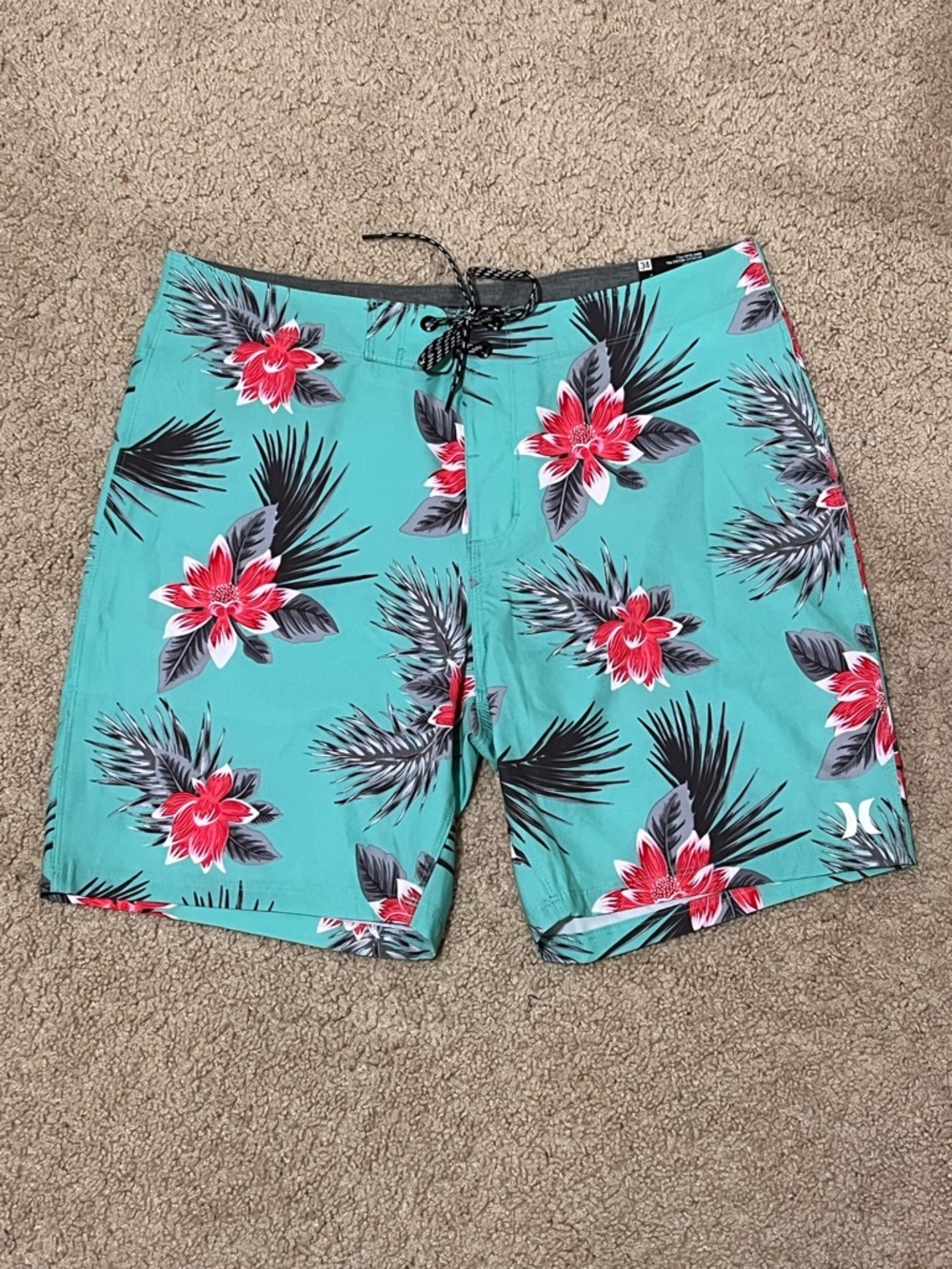 Hurley Teal Floral Board Shorts with Red Accents